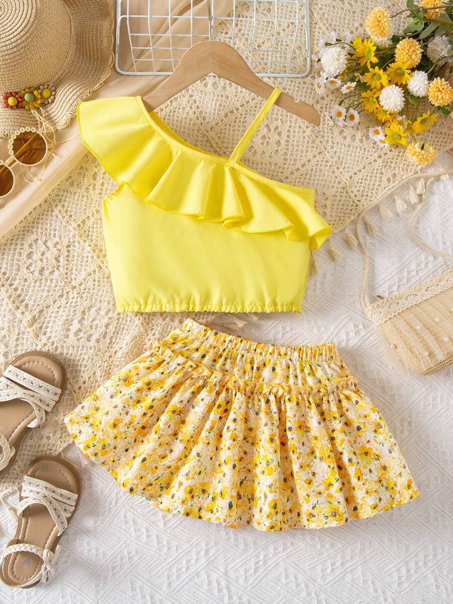 SHEIN Serisse Kids 女童荷叶边不对称肩部上衣和碎花裙两件套,儿童夏季服装 - 黃色 - 查看 1