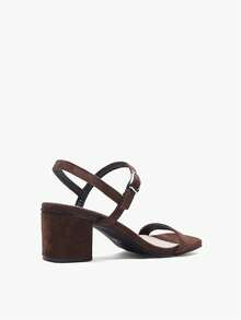1 Pair New Brown Suede Square Toe Party Chunky Heel Sandals, Summer Buckle Open Toe Versatile Sexy Slim Strap Retro Mid-Heel Commuting Women Shoes - Brown - View 7