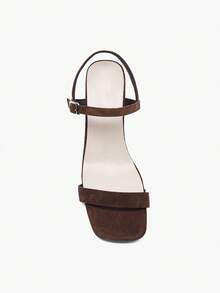 1 Pair New Brown Suede Square Toe Party Chunky Heel Sandals, Summer Buckle Open Toe Versatile Sexy Slim Strap Retro Mid-Heel Commuting Women Shoes - Brown - View 8