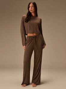 Athîral 2 pièces Ensemble de pyjama femme confortable et doux en tricot de bambou, col rond, manches longues et pantalon. Été - Marron - Voir 1