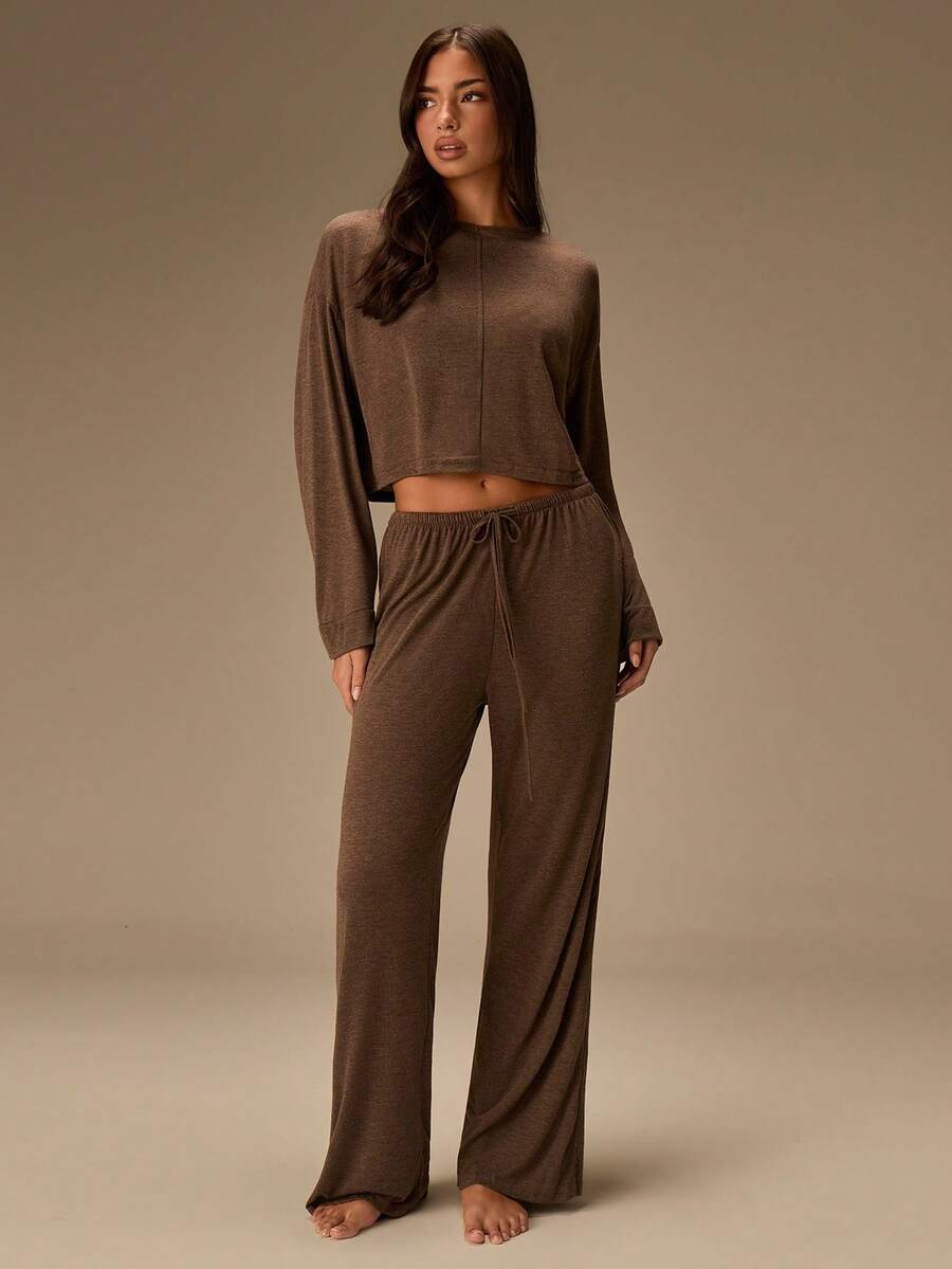 Athîral 2 pièces Ensemble de pyjama femme confortable et doux en tricot de bambou, col rond, manches longues et pantalon. Été - Marron - Voir 1