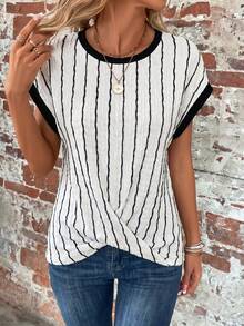 EMERY ROSE Women's Round Neck Black And White Striped Colorblock Casual Versatile Daily Wear T-Shirt Daily Summer Daily - Multicolor - View 4