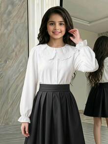 SHEIN Vintaside Kids 女童優雅刺繡蕾絲花瓣領公主長袖鈕扣單排扣休閒時尚公主襯衫，適合學校、度假、旅行、生日派對、禮物、春季與秋季 - 白色 - 查看 1