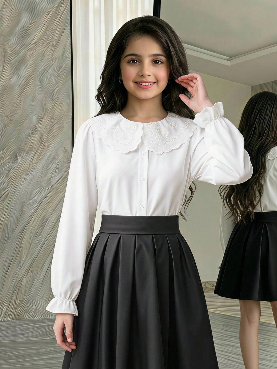 SHEIN Vintaside Kids 女童優雅刺繡蕾絲花瓣領公主長袖鈕扣單排扣休閒時尚公主襯衫,適合學校、度假、旅行、生日派對、禮物、春季與秋季 - 白色 - 查看 1