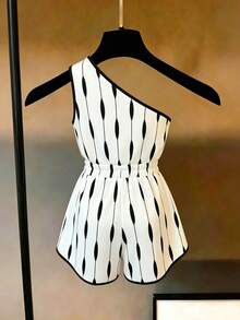 SHEIN Women's New Elegant One-Shoulder Waist-Cinching Romper - Black and White - View 2