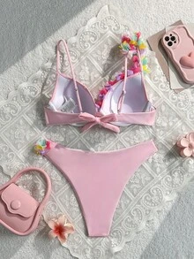 Swim SXY Baju Renang Dua Potong Motif Bunga 3D dengan Kawat Penyangga Push-Up - Berwarna merah muda - View 2