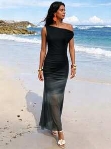SHEIN Vestido de férias ajustado para mulher, cor lisa, de um ombro e sem mangas - Preto - Ver 4