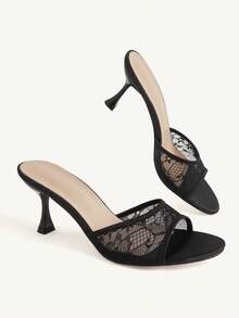 CUCCOO CHICEST Women's Shoes Summer Simple And Delicate Lace Pattern Elements Square Toe Thin Heel Medium Heel Light And Mature Mesh Stitching Fabric - Black - View 3