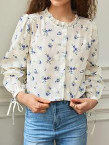 SHEIN 女款春夏荷葉領刺繡布料綁帶袖口長袖襯衫，優雅法式休閒上衣，適合日常穿著與通勤上班 - 杏色 - 查看 2