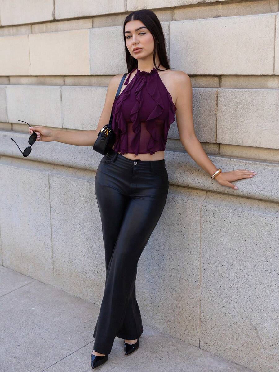 Andrea Bello New Sexy Backless Lace-Up Design Crop Top, Purple Elegant Multi-Layered Ruffle Decor Halter Backless Vest, Spring/Summer Women Summer Outfits Tops For Ladies Crop,Summer Top