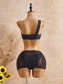 Bonvoyette Conjunto de traje de baño de 3 piezas para mujer, estilo minimalista elegante romántico casual sexy dulce lindo de moda para verano playa vacaciones, estampado básico versátil de lunares blanco y negro, decoración de flores 3D, diseño de cuello asimétrico estilo bandeau, minifalda ajustada de media pierna, adecuado para playa, resort, spa, festival de música, luna de miel y ocasiones de vacaciones casuales - Blanco y Negro - Ver 3
