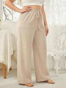SHEIN PETITE CURVE Plus Size Casual Versatile Solid Color Straight Leg Pants - Apricot - View 6