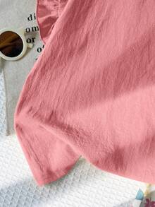 SHEIN 兒童青少年女孩 T-shirt 套裝 梭織純色短袖上衣與碎花長褲休閒套裝 - 粉色 - 查看 4