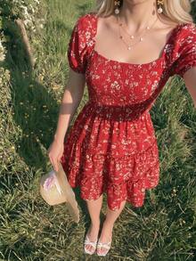 Swim Mod Women's Red Floral Puff Sleeve Ruffled Tiered Hem Dress Vacation Elegant Summer - Multicolor - View 5