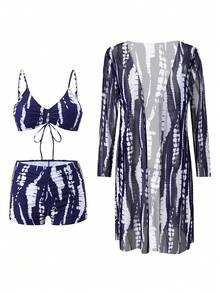 Swim Lushoire 女款夏季海灘花卉印花比基尼套裝附和服罩衫 - 藏蓝色 - 查看 2