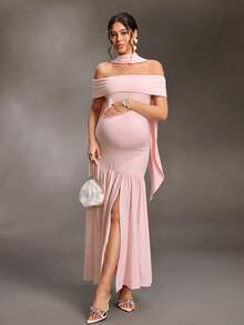 Cheriluna Maternity Women's Elegant Off-Shoulder Pleated Maternity Maxi Dress - Pink - View 6
