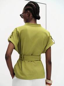 Aveloria Modichic European And American Style Spring/Summer New Fashion Versatile Diagonal Fabric Tie Waist Elegant Casual Office Brunch Solid Color Blouse Olive Green - Green - View 3