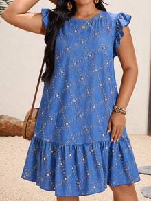 SHEIN Holidaya Plus Size Women's Rhinestone Design Round Neck Short Flutter Sleeve Ruffle Hem Casual Dress - Blue - View 5