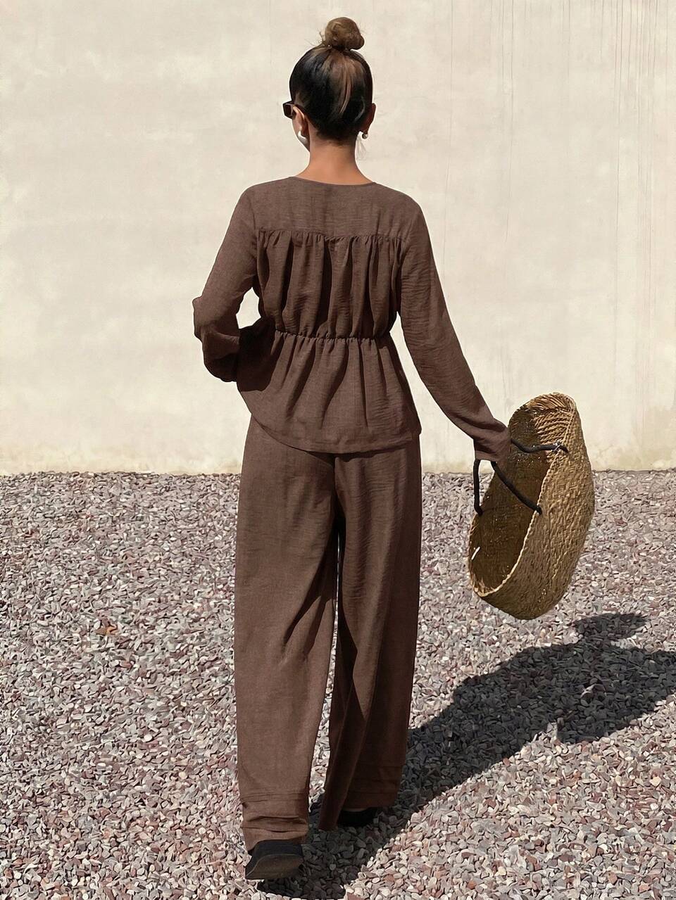 Women's Waist-Cinched Long Sleeve Button-Up Shirt And Loose Long Pants Vacation Style Two Pieces Set Lounge Sets For Women