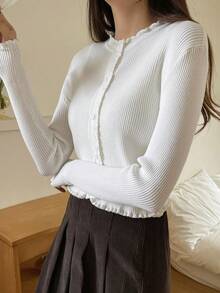 Dazy Tall Women's Round Neck Long Sleeve Fitted Cardigan With Frill Trim, Urban Casual Elegant Style Fall - White - View 4