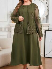 Modelyn 大尺碼優雅刺繡網紗上衣與洋裝兩件套 - 軍綠色 - 查看 3