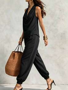 Breezaya Casual Vacation Fashion Minimalist Women's Set Draped Neck Draped Neck Fitted Comfortable Soft Black Top With Elastic Waist Harem Black Long Pants Set Summer, Autumn And Winter For Women Women's Elegant Set Women's Casual Set Women's Vacation Outfit Set Women's Country Style Set Women's Outing Set Black Set - Black - View 5
