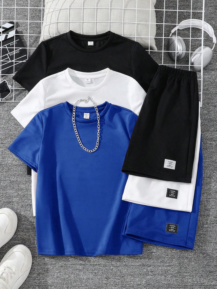 SHEIN 6件/組 青少年男孩舒適休閒金屬項鍊裝飾圓領短袖T恤與短褲2件套裝,高CP值多件套裝適合戶外玩耍、街拍、派對與休閒 - 寶藍色 - 查看 1