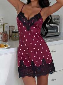 ZzzCrew Sexy Short Polka Dot Print Lace Trim V-Neck Cami Slip Dress - Multicolor - View 5