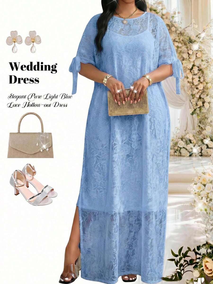 Fleurora Plus Size Women's Lace Sheer Hem Split Lace-Up Dress Evening Tea Party Cocktail Wedding Light Blue Summer Elegant Formal Vacation Country Concert - Baby Blue - View 1