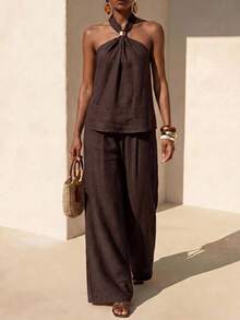 Zivah Spring/Summer Music Festival Easter St. Patrick's Day Valentine's Day Beach Vacation Sexy Jamaican Sleeveless Halter Neck Linen Shades Of Brown Pants - Brown - View 8