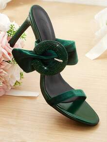 CUCCOO HITCHD Damen-Sandalen mit Strass, runder Schnalle und Schleifendekor, quadratischem Absatz, High Heels, französischer Leicht-Luxus-Stil, aus Lackleder und Wildleder, Grün, für Dates und Partys - Grün - Übersicht 7