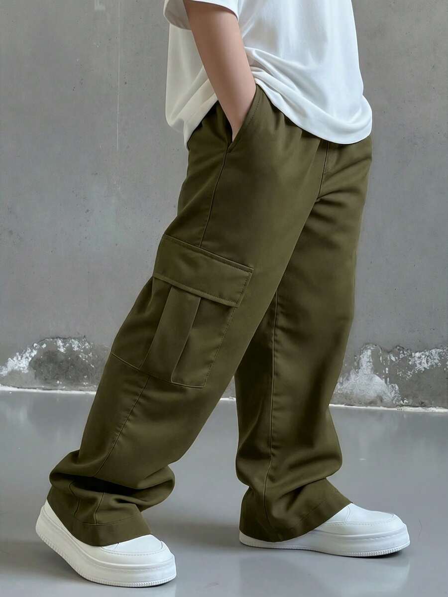 SHEIN Little Byeori 兒童青少年男孩休閒日常舒適工裝直筒寬鬆長褲,軍綠色工裝褲,新年,六七歲,適合外出、約會、上學,春、夏、秋、冬 - 軍綠色 - 查看 1