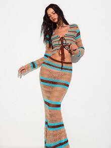 SHEIN Set Rajutan Jala Bergaris Bohemian, Penutup Pantai Transparan Berongga, Set 2 Potong untuk Liburan di Tepi Laut, Gaya Seksi - MultiWarna - View 7