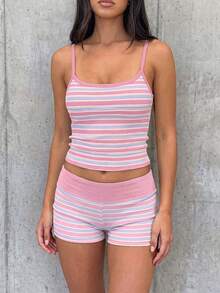 SHEIN EZwear 夏季對比飾邊細肩帶上衣與短褲套裝 - 粉色 - 查看 4
