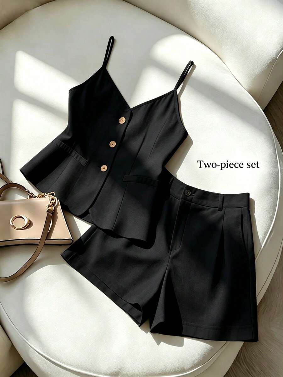 SHEIN Franclia 新款女式時尚休閒純色細肩帶無袖開襟上衣與短褲套裝，女式春夏套裝，適合日常工作、外出、度假、旅行，春夏時尚通勤套裝，女式春夏兩件套，女式短褲，女式春夏套裝 - 黑色 - 查看 1