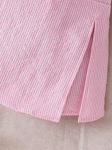 SHEIN 4-7Y Girls Sweet Bow Decor Beaded Flutter Sleeve Round Neck Top & Elastic Waist Pink Beaded Decor Split Shorts 2 Pieces Set, Suitable For Daily Wear, Parties And Other Occasions - Pink - View 6