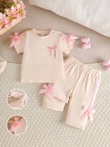 SHEIN Newborn Baby Girl Pink Black Fashion Set Short Sleeve Top With 3D Bow Cute Outfit For 0-9 M Babies - Beige - View 5