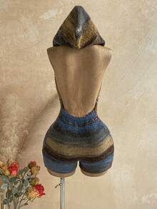 Soleia Women's Gradient Backless Halter Hooded Knit Romper Beach Vacation Blue Striped Autumn Breezy European Tropical - Multicolor - View 2