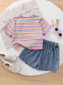 SHEIN Elladie kids 女童兩件式春夏套裝，圓領T恤搭配牛仔裙褲套裝，刺繡設計，簡約時尚短袖短褲套裝 - 紫色 - 查看 3
