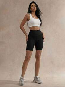 Chiquease Wide Waistband Rib-knit Cycling Shorts - Black - View 3