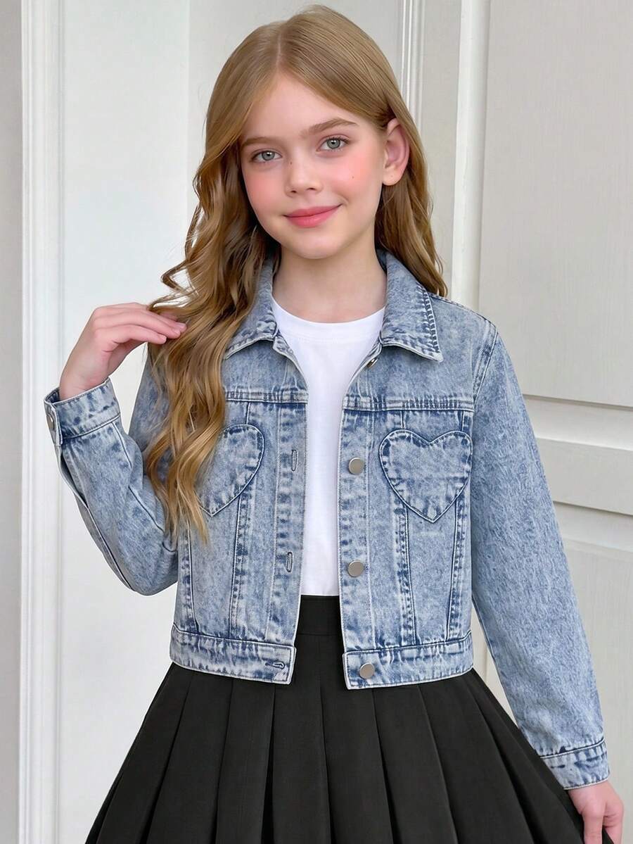 Girls' Denim Jacket And Coat, All-Season Y2K Style, Vintage Mid-Blue Denim Color, Heart-Shaped Pocket Design, Fitted Silhouette, Comfortable And Soft Fabric, Versatile Fashion For Daily Wear, Suitable For School, Commuting And Multiple Occasions, All-Season Girls' Denim Jacket And Coat - Medium Wash - View 1
