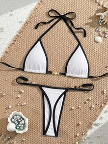 Swim Vcay Swimsuits For Woman Summer Beach Rib Binding Trim Halter Micro Triangle Bikini - White - View 7