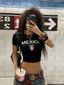 StreetHx Camiseta corta de verano para mujer con bandera nacional de México, Copa del Mundo, estilo Y2K punk, manga corta, verde, baby camiseta que deja ver el abdomen - Negro - Ver 5