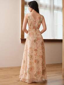Revavyn Women's Dress A-Line Long V-Neck Sleeveless High Waist Floral Print Elegant Romantic Sweet Beige Pink Floral Elegant Dresses For Party - Multicolor - View 3