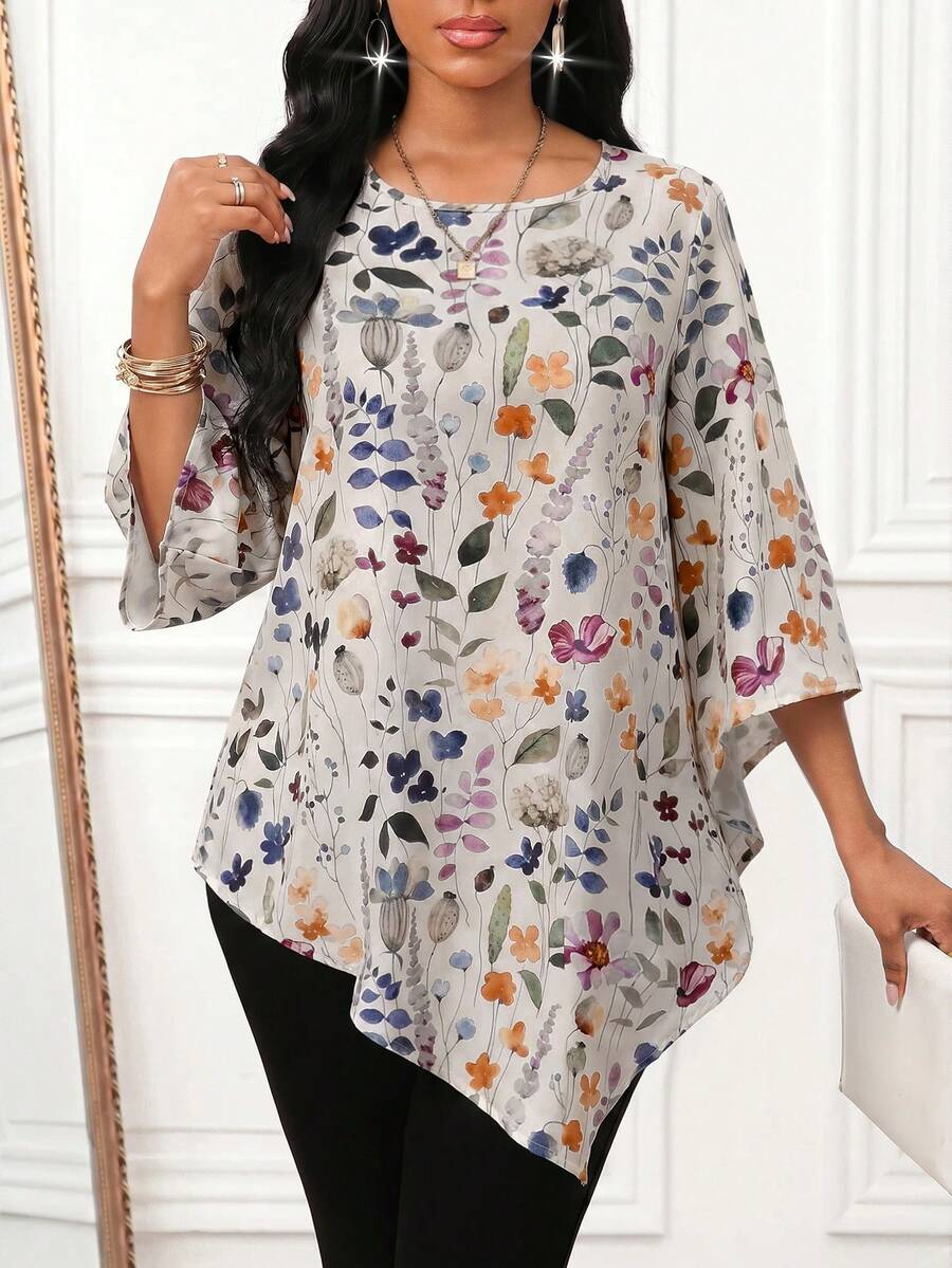 SHEIN Lady Women's Plant Pattern 3/4 Sleeve Asymmetrical Hem Loose Fit Blouse Garden Party Day Party Off White Autumn Elegant - Multicolor - View 1