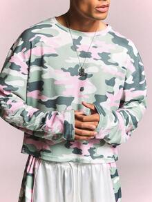 SUMWON Camouflage Long Sleeve Crew Neck Waffle Knit Tee With Script Sleeve Print Casual Streetwear Top - Multicolor - View 6