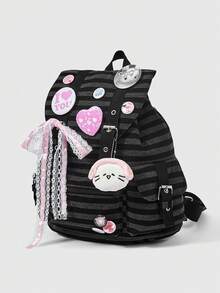 ROMWE Anime Punk Academy Style Striped Large-Capacity Backpack, Badge Decoration, Stylish Casual Backpack Suitable For School, Commute, Travel - badge stripe - View 3