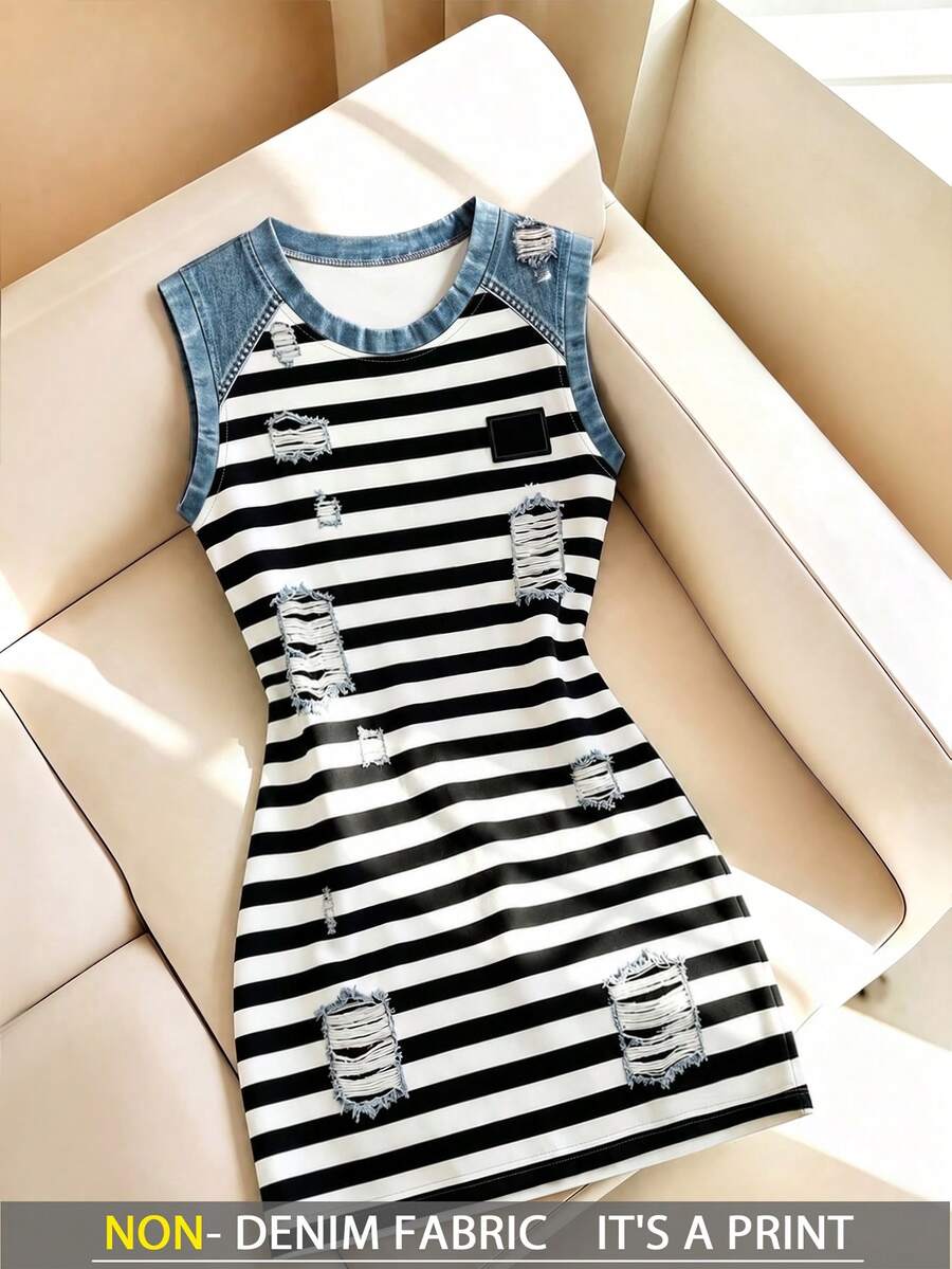 Resyla Women's Striped Design Round Neck Sleeveless Casual Mid-Length Dress - Multicolor - View 1