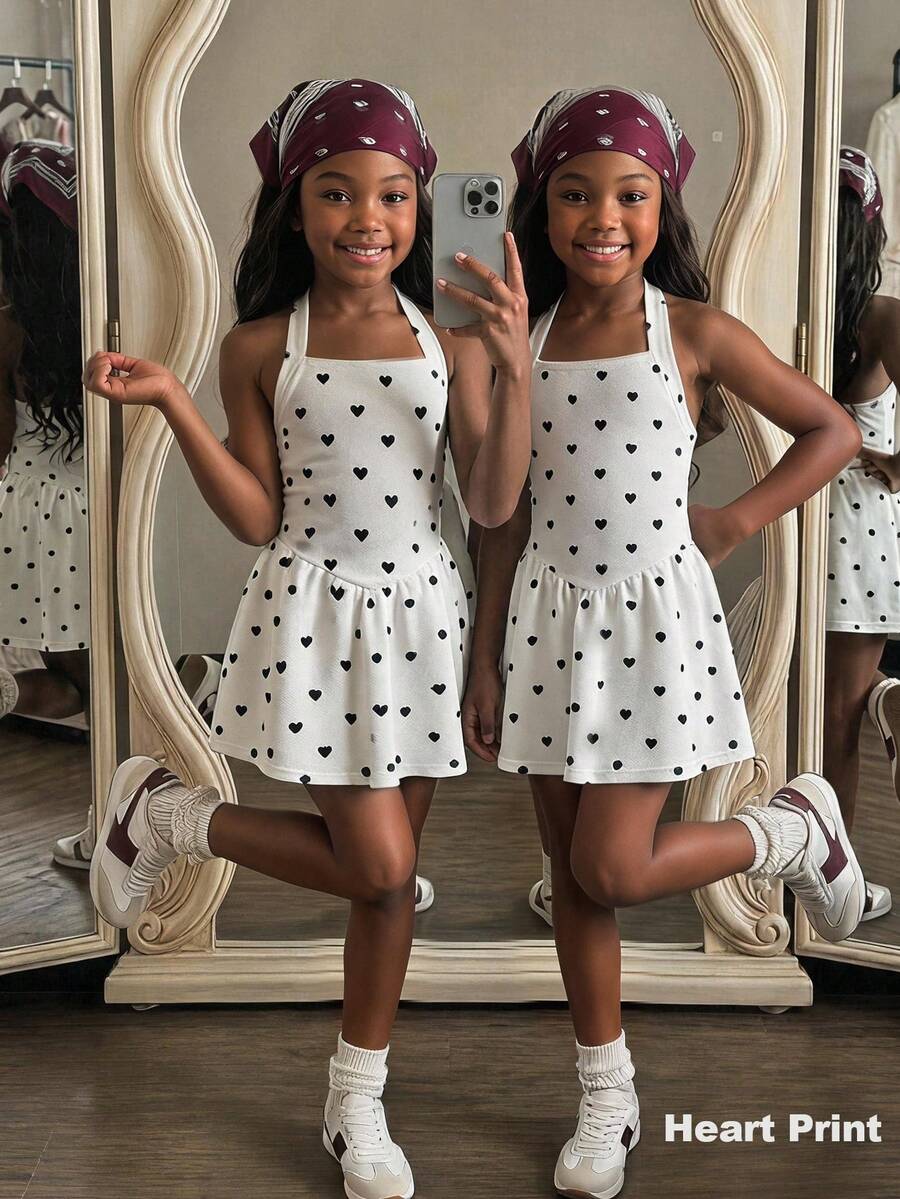 SHEIN Tween Girl Tween Girl Tween Girl Tween Girl Heart Print Casual Cute Halter Neck Dress Birthday Black And White Summer - Black and White - View 1