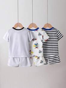 6piezas/Set Pijama de Verano para Bebé Niño de Punto Cuello Redondo Manga Corta & Pantalones Cortos Rayas Blancas y Grises Estampado de Dibujos Animados Lindo Estilo Casual Minimalista Cómodo Holgado Ropa de Casa Interior - Multicolor - Ver 2